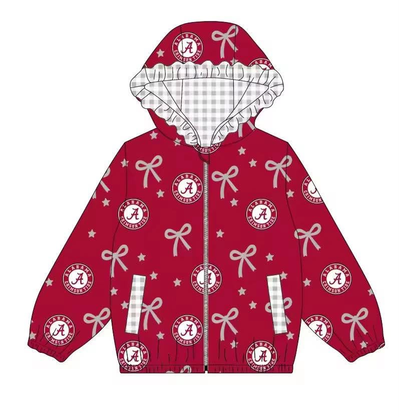custom moq 5 mix size PYJS01 Baby Girls Bow Print Zip Up Hooded Jacket Plaid Lined Hood Pocket