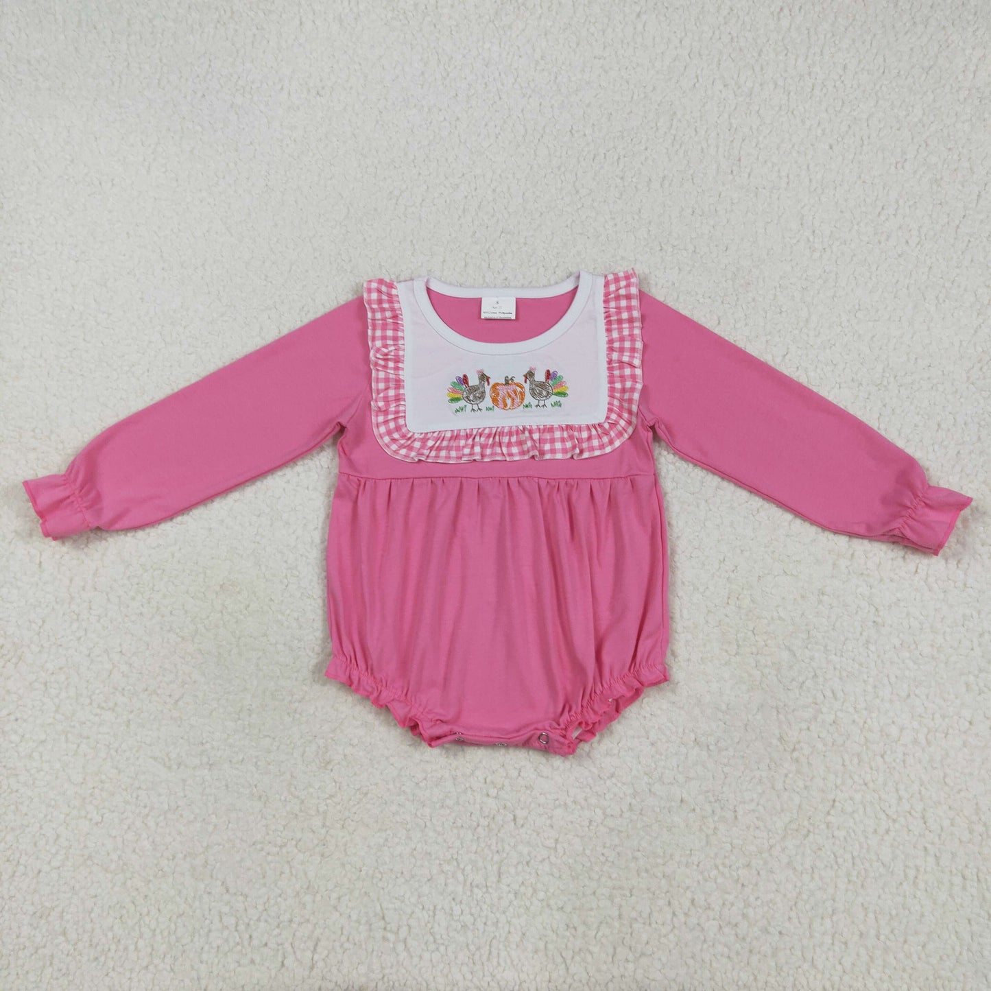 RTS NO MOQ（In Stock) LR2287 Embroidered turkey pumpkin plaid lace pink long-sleeved bodysuit