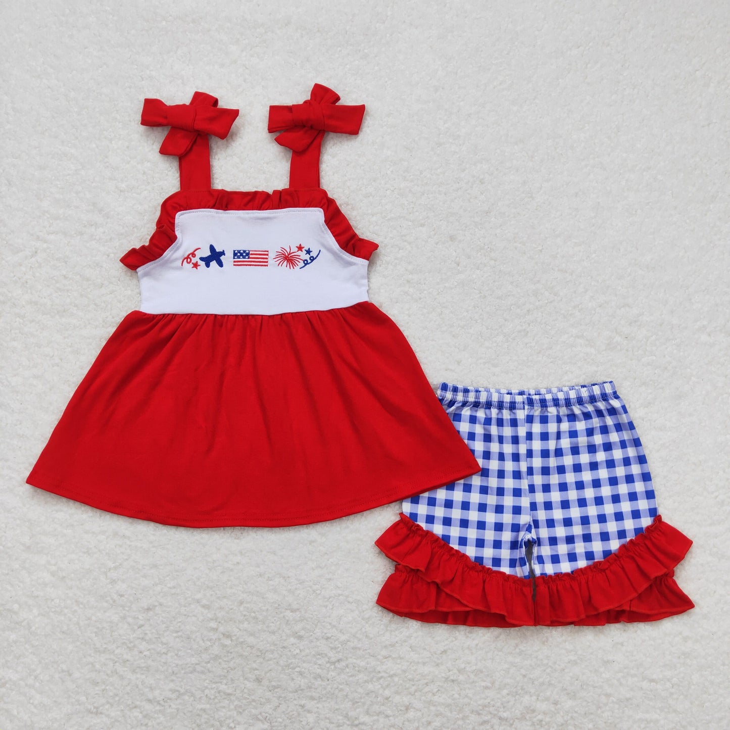 RTS NO MOQ（In Stock) Embroidery airplane flag fireworks red lace suspenders blue and white plaid shorts suit