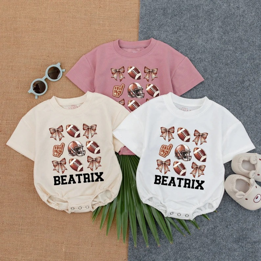 Custom moq 5 each style eta 6-7weeks baby girl clothes team rugby bow short sleeve romper 3-25.7.26