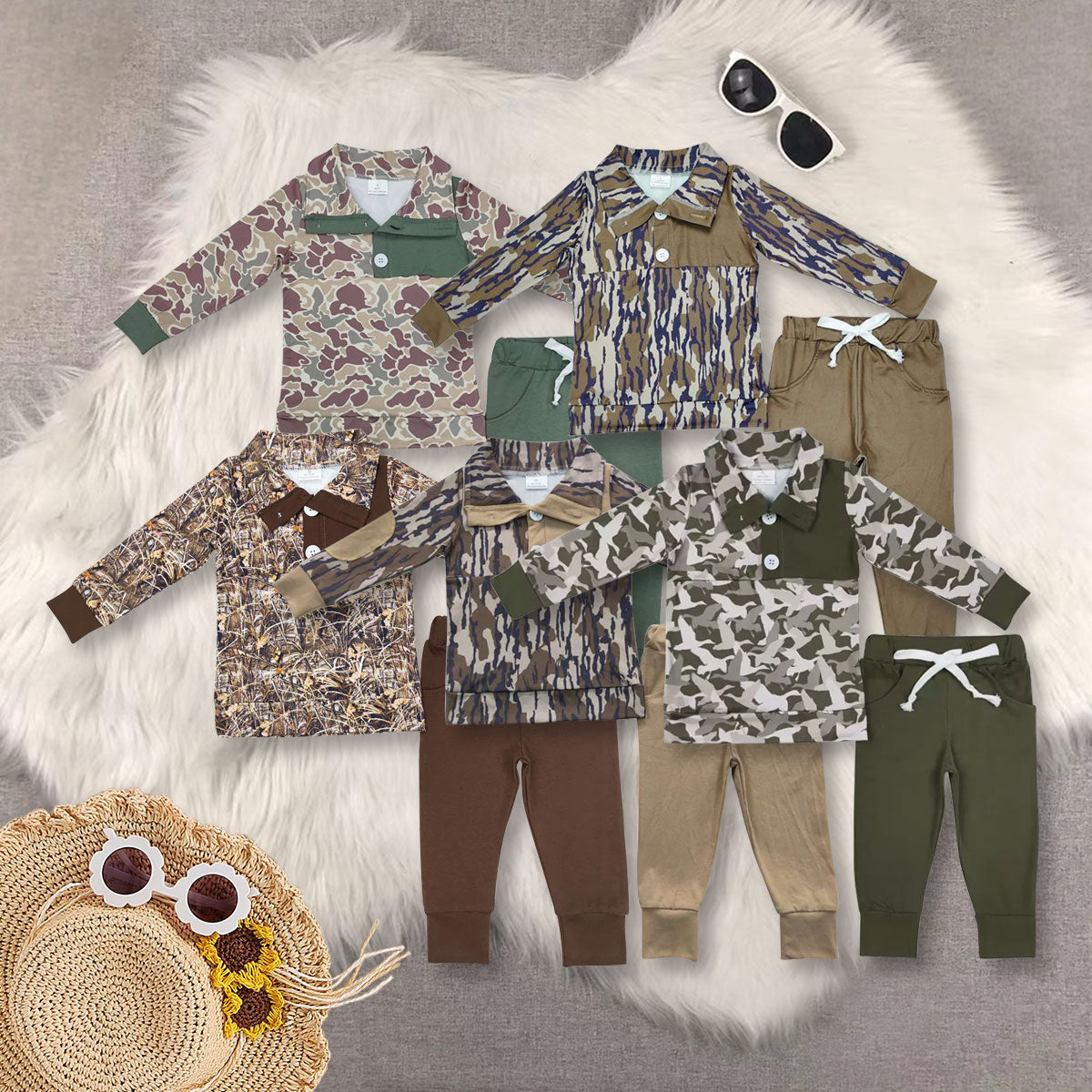 RTS NO MOQ Sibling Baby Boy clothes Camouflage Top Bell Pants Clothes Sets