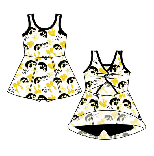 custom moq 5 mix size NB020624 Baby Girls Bow Printed Team Sleeveless Knee Skort Dresses Yoga Active Outfits