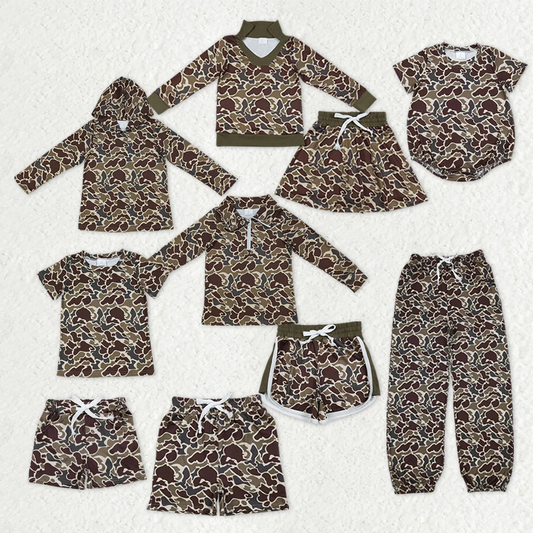 RTS baby girls Boys clothes and adult summer camouflage Short and long sleeve Shorts sets and top and adult pants and shorts and romper