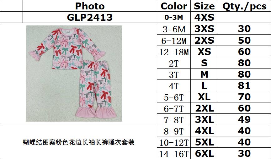 rts no moq GLP2413 Bow pattern pink lace long-sleeved trousers pajama set