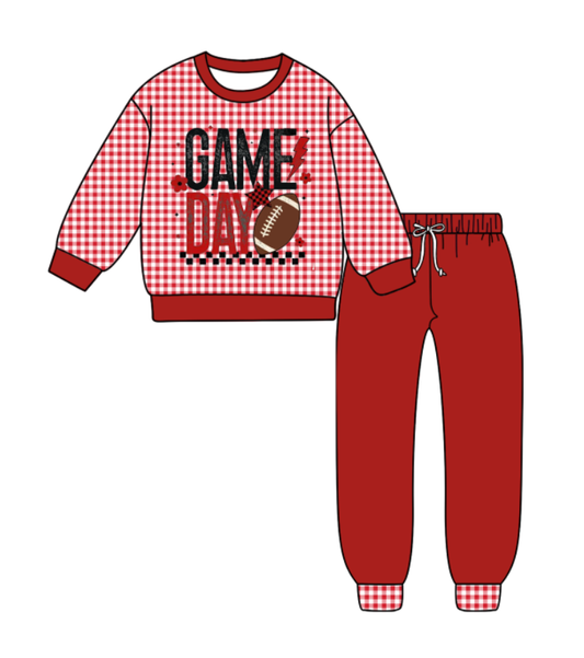 Custom moq 5 mix size milk silk summer teams baby boy clothes GAME DAY brick red long sleeve pants sets-25.9.9