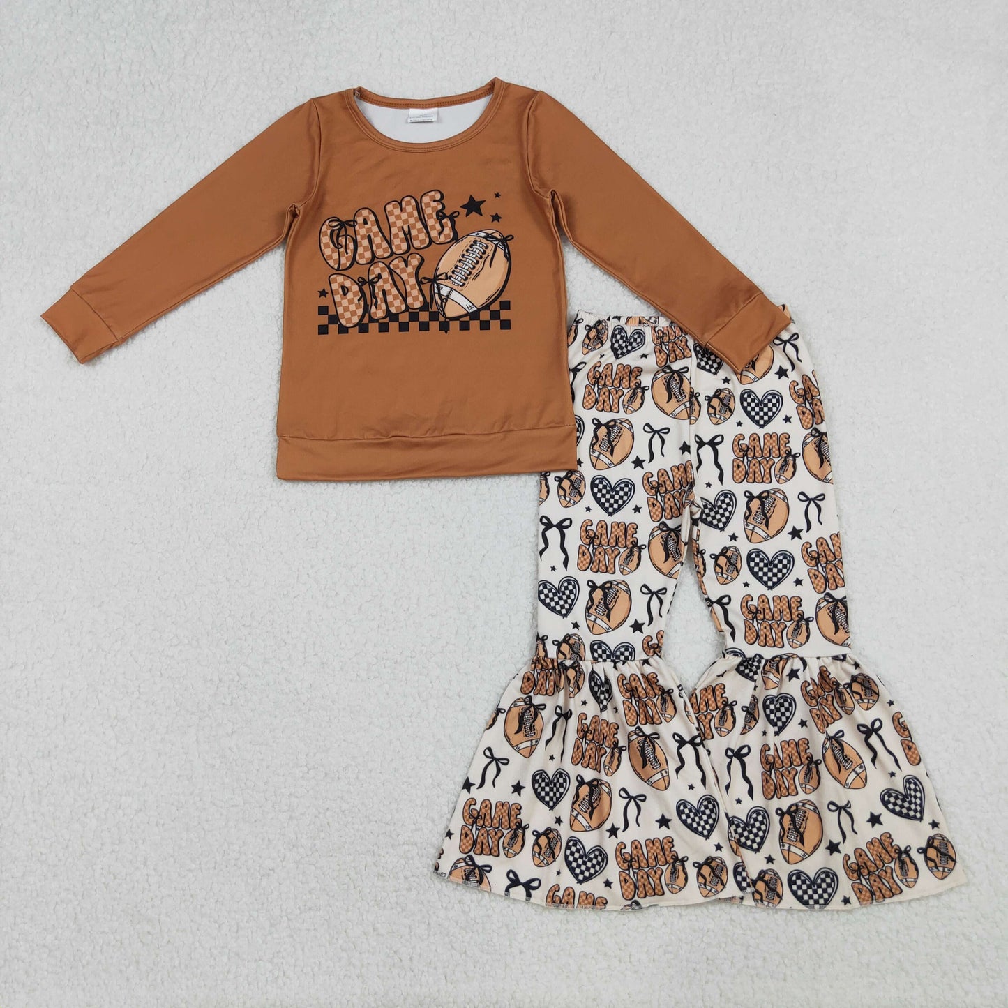 RTS NO MOQ（In Stock) GLP2721 Game day bow pattern rugby plaid love heart long sleeve trouser suit