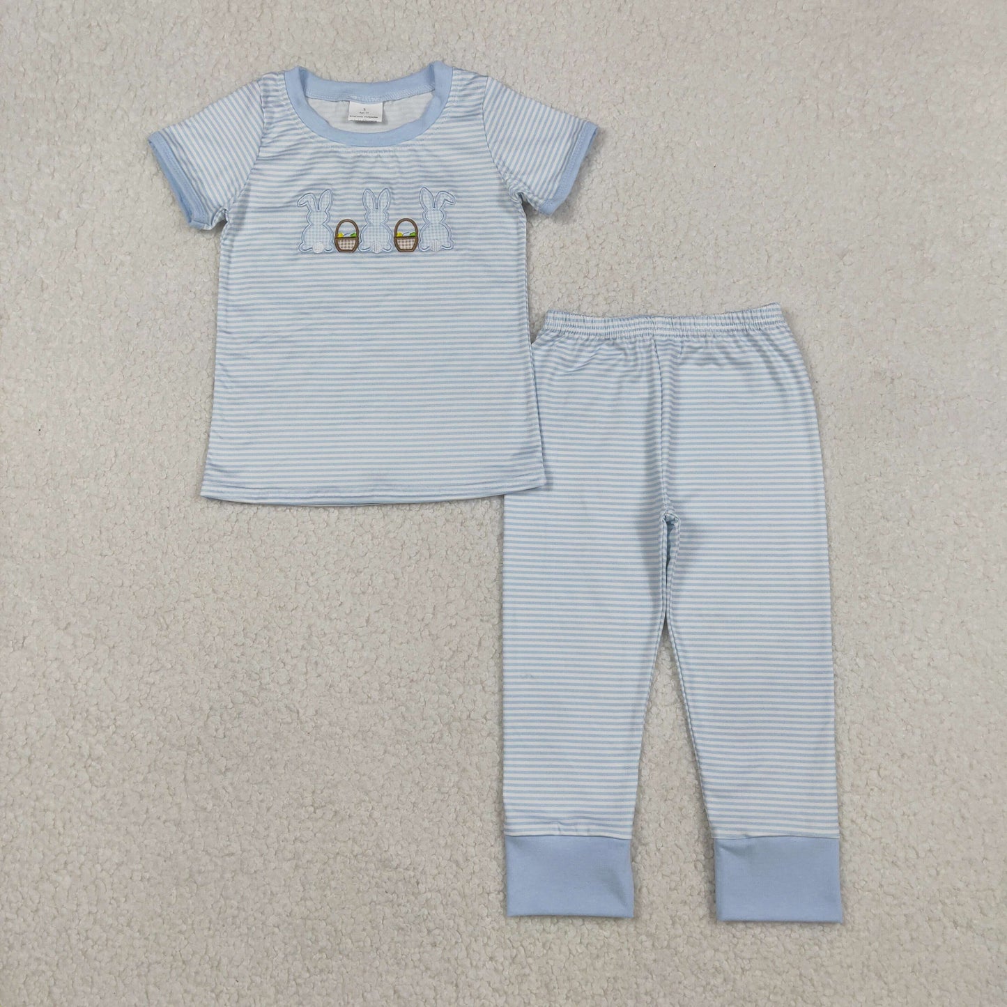 RTS NO MOQ（In Stock) Embroidered Easter Bunny Egg Basket Blue Striped Short-Sleeve Pants Pajama Set