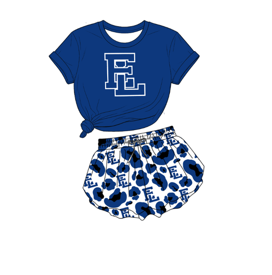 custom moq 5 mix size KABR0106 Baby Girls Blue Letter Printed Short Sleeve Crew Neck Top Leopard Print Shorts Team Outfit Set