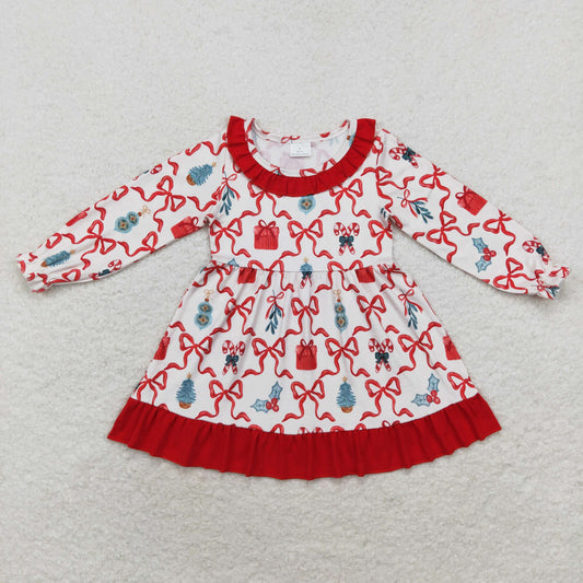 rts no moq GLD0523 Christmas gift bow red lace long-sleeved dress