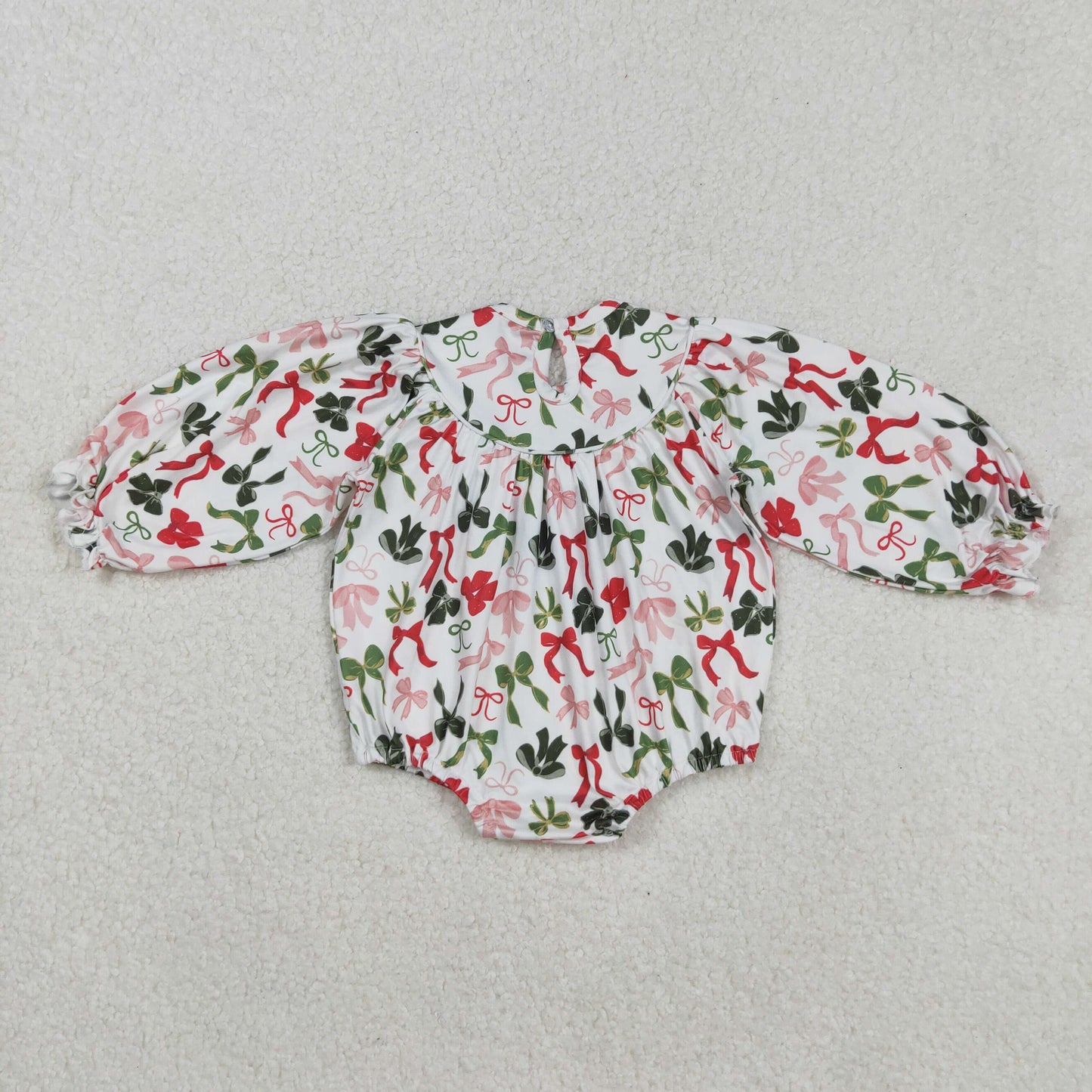 RTS NO MOQ（In Stock) LR2185 Beige long-sleeved bodysuit with smocked embroidered Christmas bow pattern