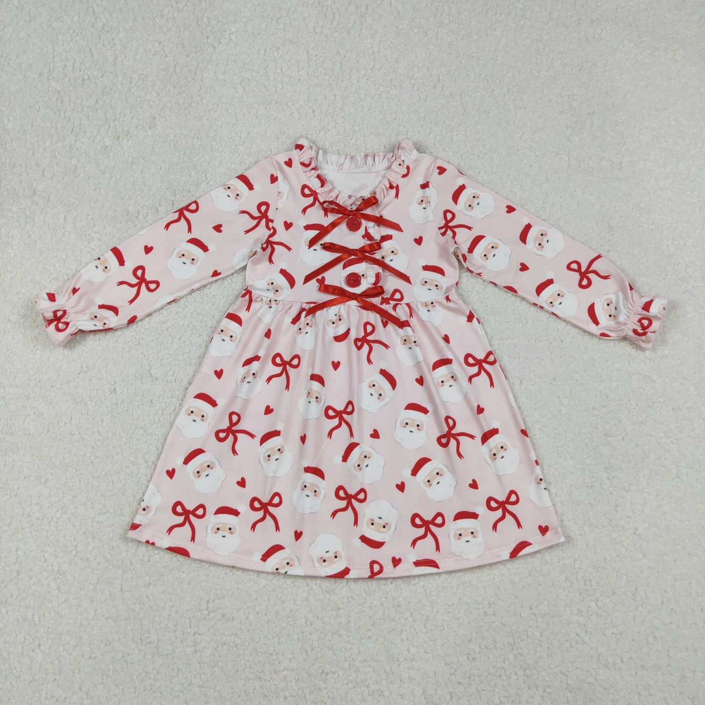 RTS NO MOQ（In Stock) GLD1233 Pink long-sleeved dress with Santa Claus red heart bow pattern