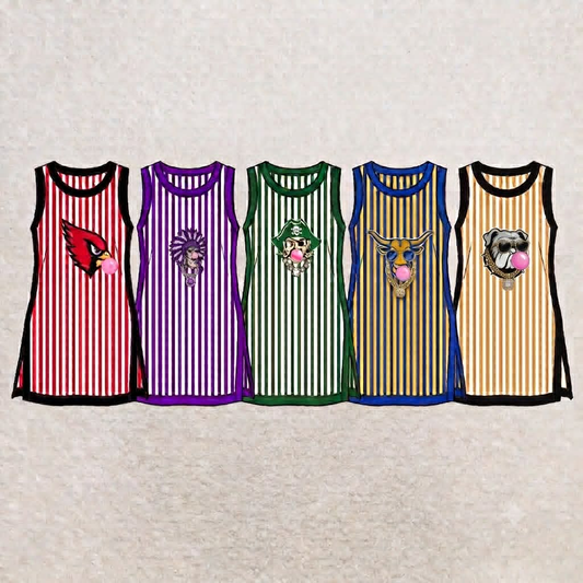 custom moq 5 mix size ASCR01  Baby Girls Print Tan White Vertical Stripe Sleeveless Tank Dress Black Trim Side Slit Casual Dress