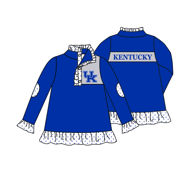 Deadline October 29 custom no moq eta 6-8weeks Black and white polka dot Klein blue pleated button pullover long sleeve top