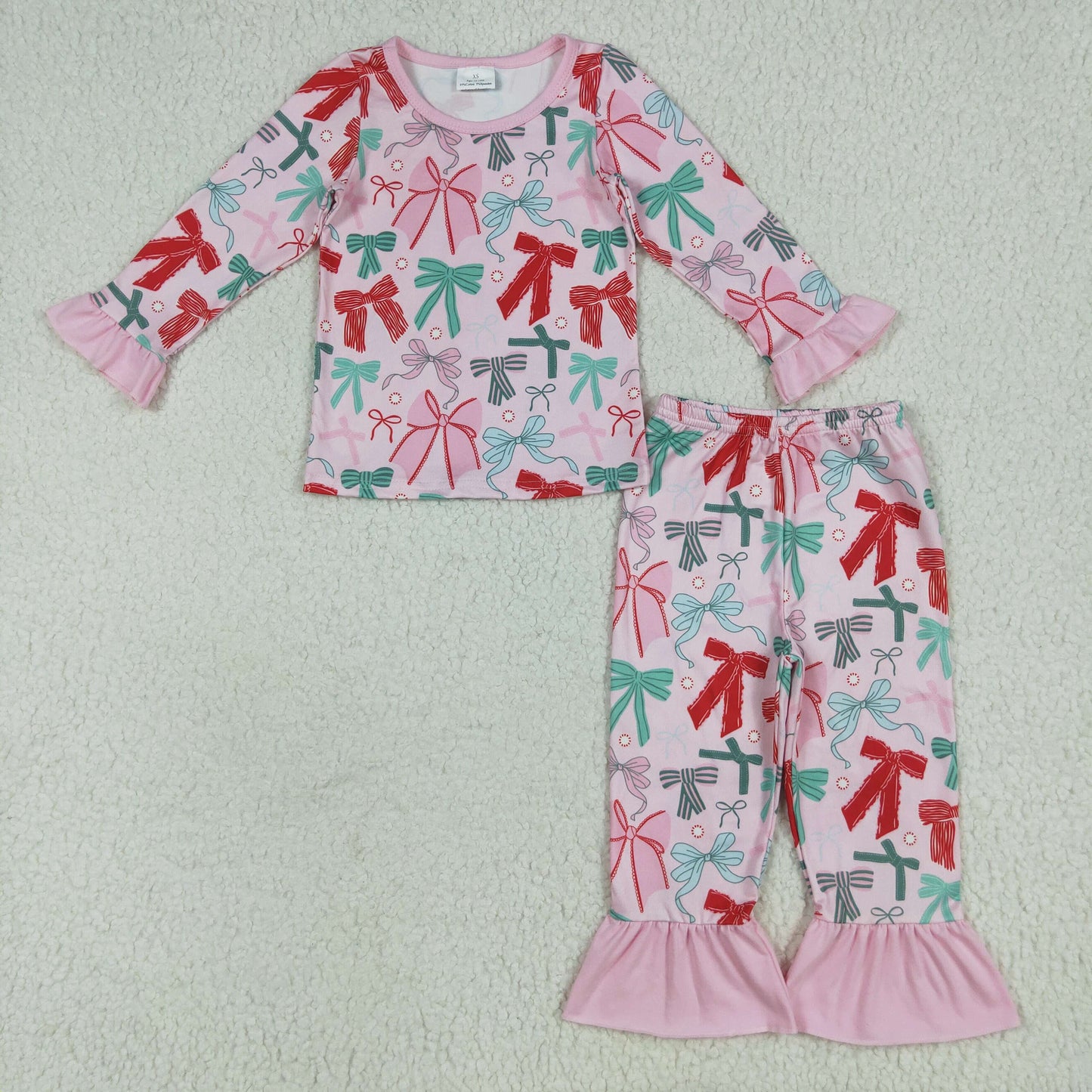 rts no moq GLP2413 Bow pattern pink lace long-sleeved trousers pajama set