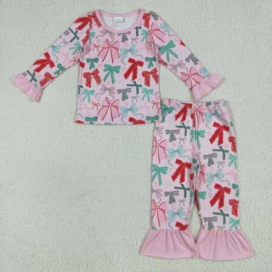 rts no moq GLP2413 Bow pattern pink lace long-sleeved trousers pajama set