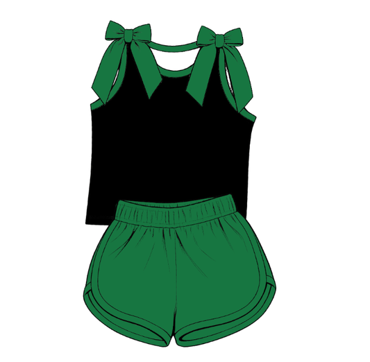 custom moq 5 mix size Baby Girls Green Bow Sleeveless Black Top Green Shorts Summer Casual Clothes Set
