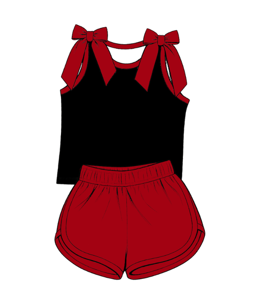 custom moq 5 mix size Baby Girls Red Bow Sleeveless Black Top Red Shorts Summer Casual Clothes Set