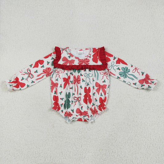 RTS NO MOQ LR2209 Christmas red and green bow pattern lace long-sleeved jumpsuit