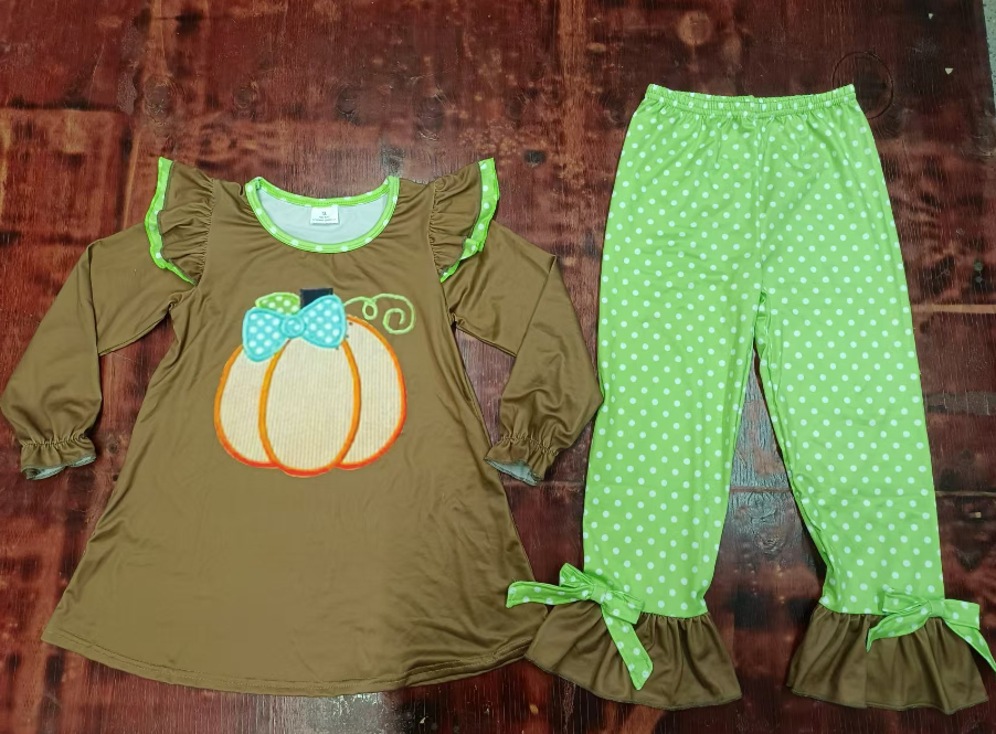 Custom moq 3 eta 6-7weeks Embroidered Pumpkin Bow Dark Brown Long Sleeve Top-Fluorescent Green Polka Dot Pants Set