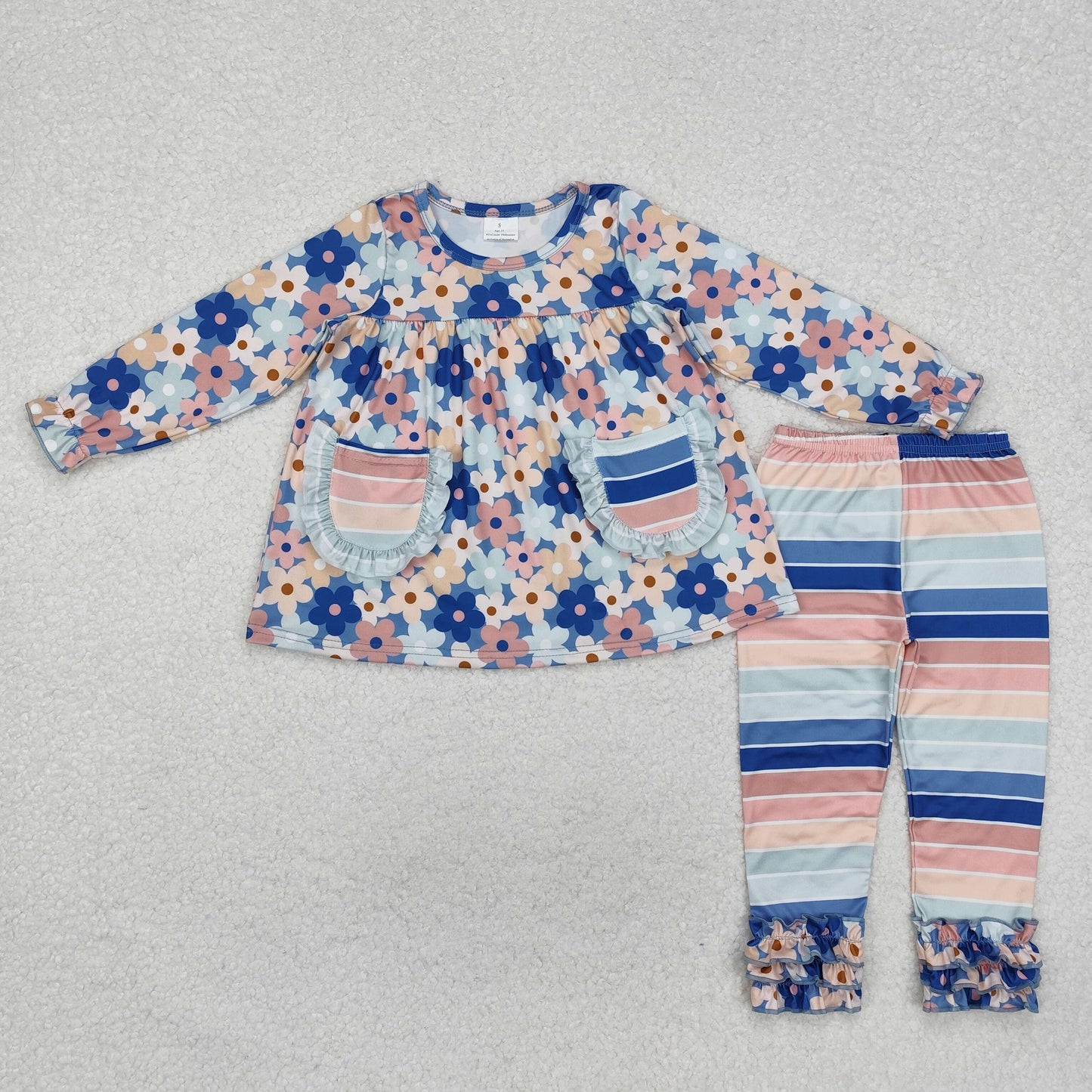 RTS NO MOQ ETA 5/7days Arrived GLP2144 Powder blue flower pocket long-sleeved colorful striped trousers set