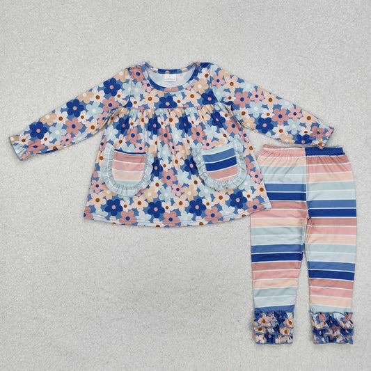 RTS NO MOQ ETA 5/7days Arrived GLP2144 Powder blue flower pocket long-sleeved colorful striped trousers set