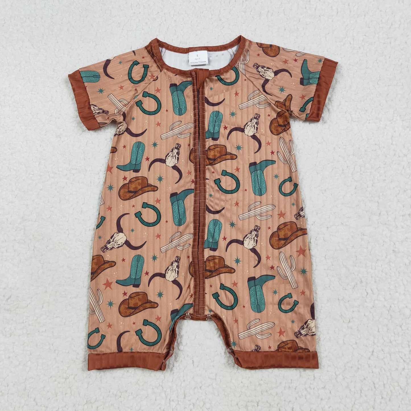 RTS NO MOQ（In Stock) SR3155 Alpine cowboy hat boots brown ribbed zipper short-sleeved jumpsuit