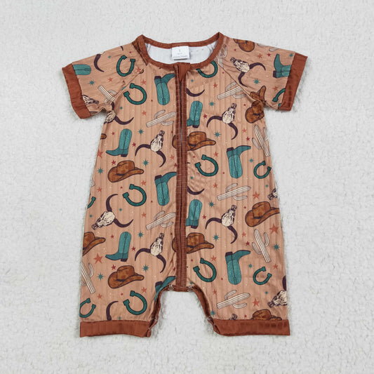 RTS NO MOQ（In Stock) SR3155 Alpine cowboy hat boots brown ribbed zipper short-sleeved jumpsuit