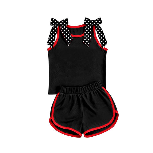 custom moq 5 mix size Baby Girls Polka Dots Bow Sleeveless Black Top Shorts Summer Solid Color Set