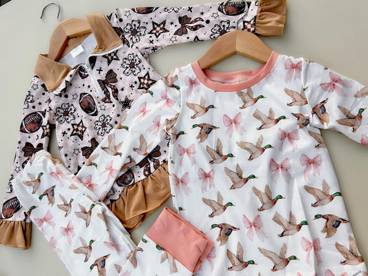 RTS NO MOQ Sibling Baby girl clothes duck rugby bow long-sleeved trousers suit and top
