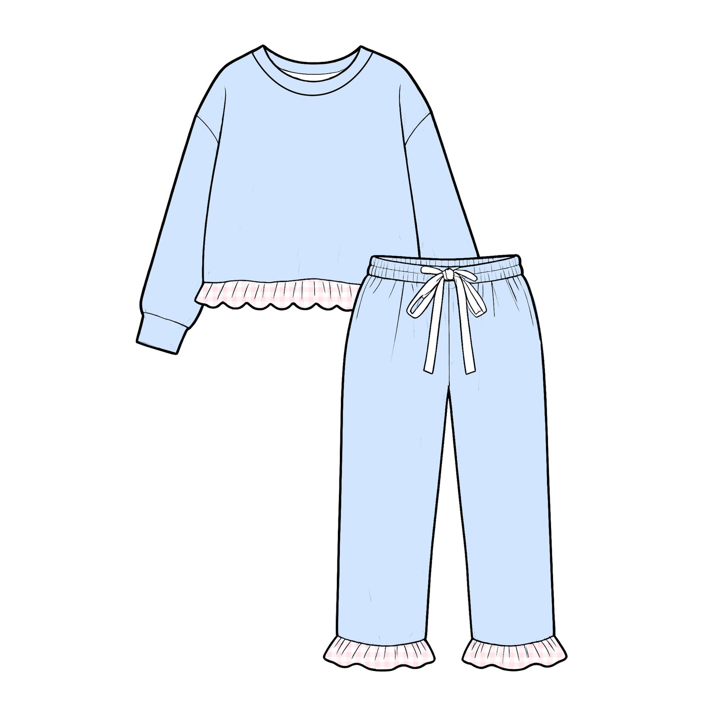 custom moq 5 mix size KYMN0102 Baby Girls Solid Color Long Sleeve Top Scallop Ruffle Hem Drawstring Pant Set