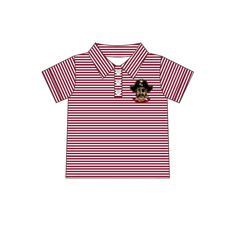 Deadline November 30 custom no moq Summer short-sleeved maroon striped letter button top