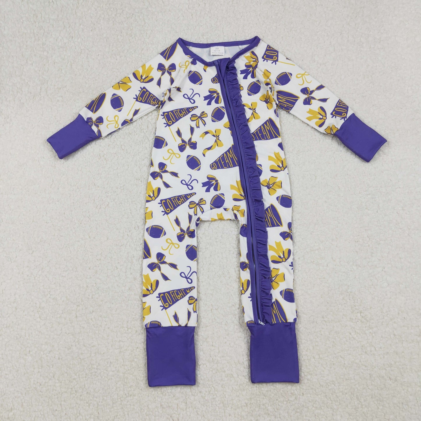 RTS NO MOQ（In Stock) LR2513 Football Horn Bow Pattern Purple Lace Zipper Long-Sleeved Bodysuit