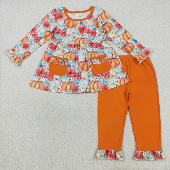 RTS NO MOQ Sibling baby girl clothes halloween pumpkin bow long sleeve pants Sets