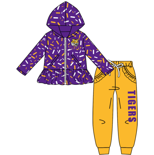 Custom moq 8 mix size eta 6-8weeks milk silk summer teams purple baby girl clothes hooded long sleeve pants sets-25.9.27