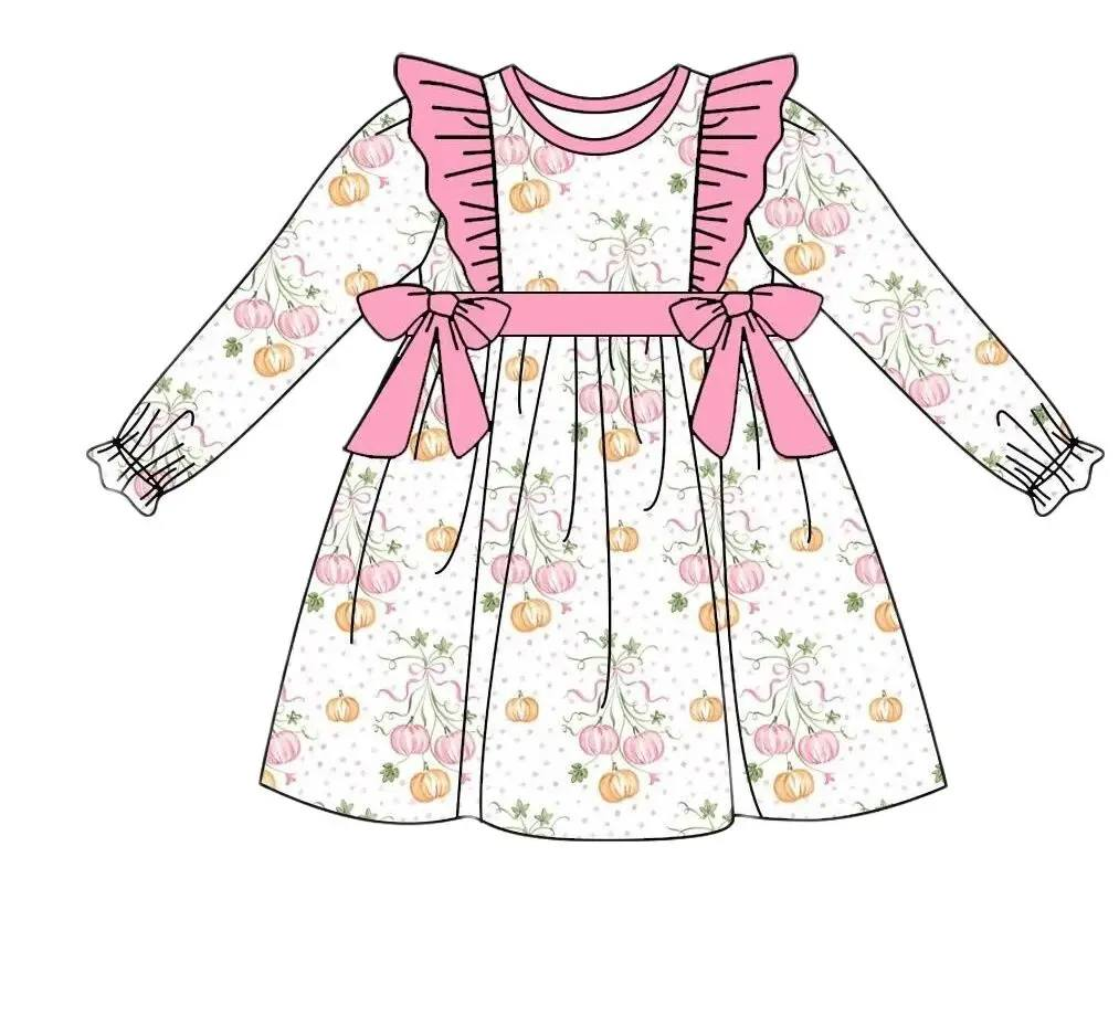Custom moq 5 each style eta 6-7weeks baby girl clothes pumpkin long sleeve pants sets and romper and dress -25.8.2