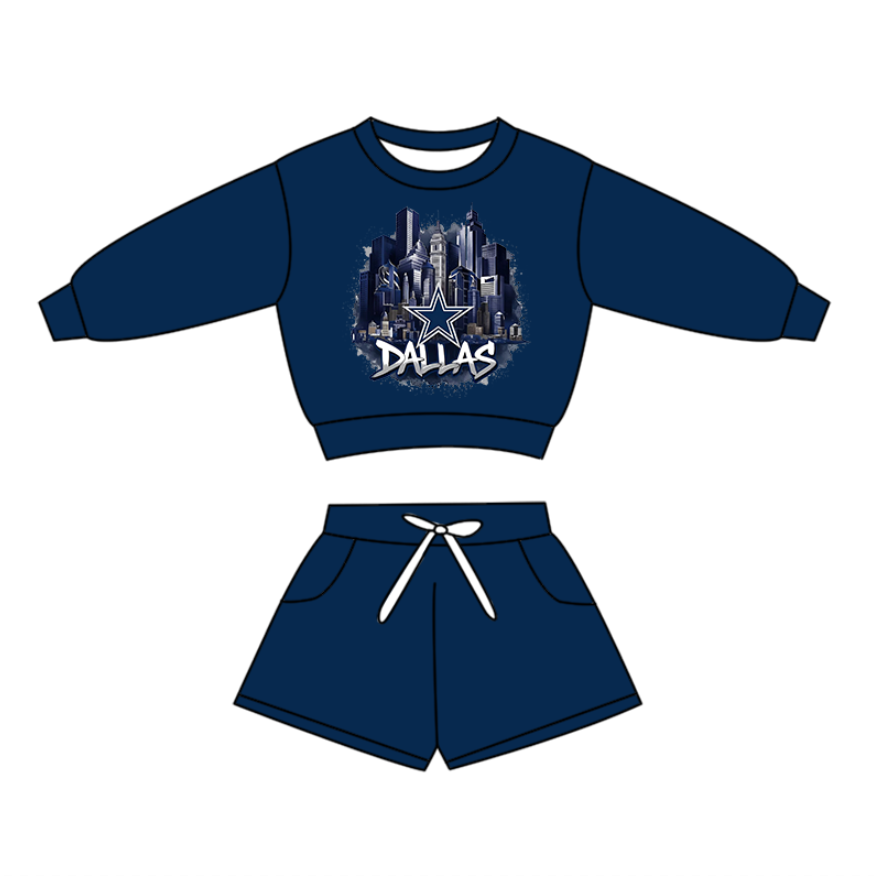 Custom moq 5 mix size milk silk baby boy clothes summer team navy blue long sleeve shorts sets