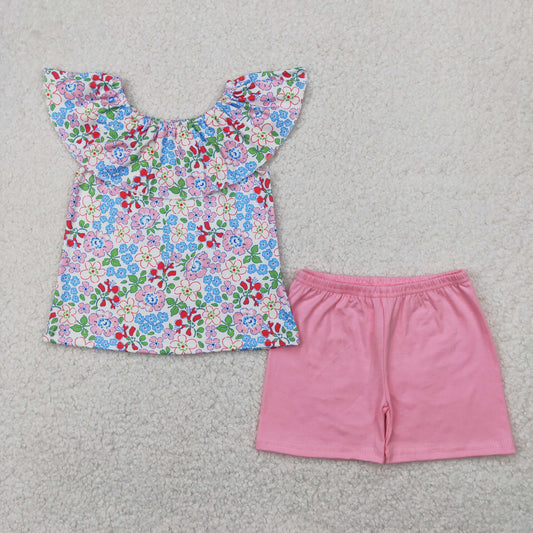 RTS NO MOQ GSSO2277 Floral pink and blue floral lace sleeveless pink shorts set