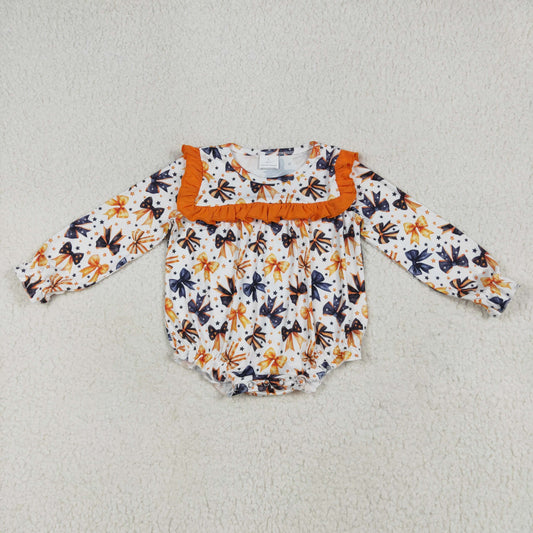 RTS NO MOQ（In Stock ) LR2207 Halloween star and bow pattern orange lace white long-sleeved jumpsuit