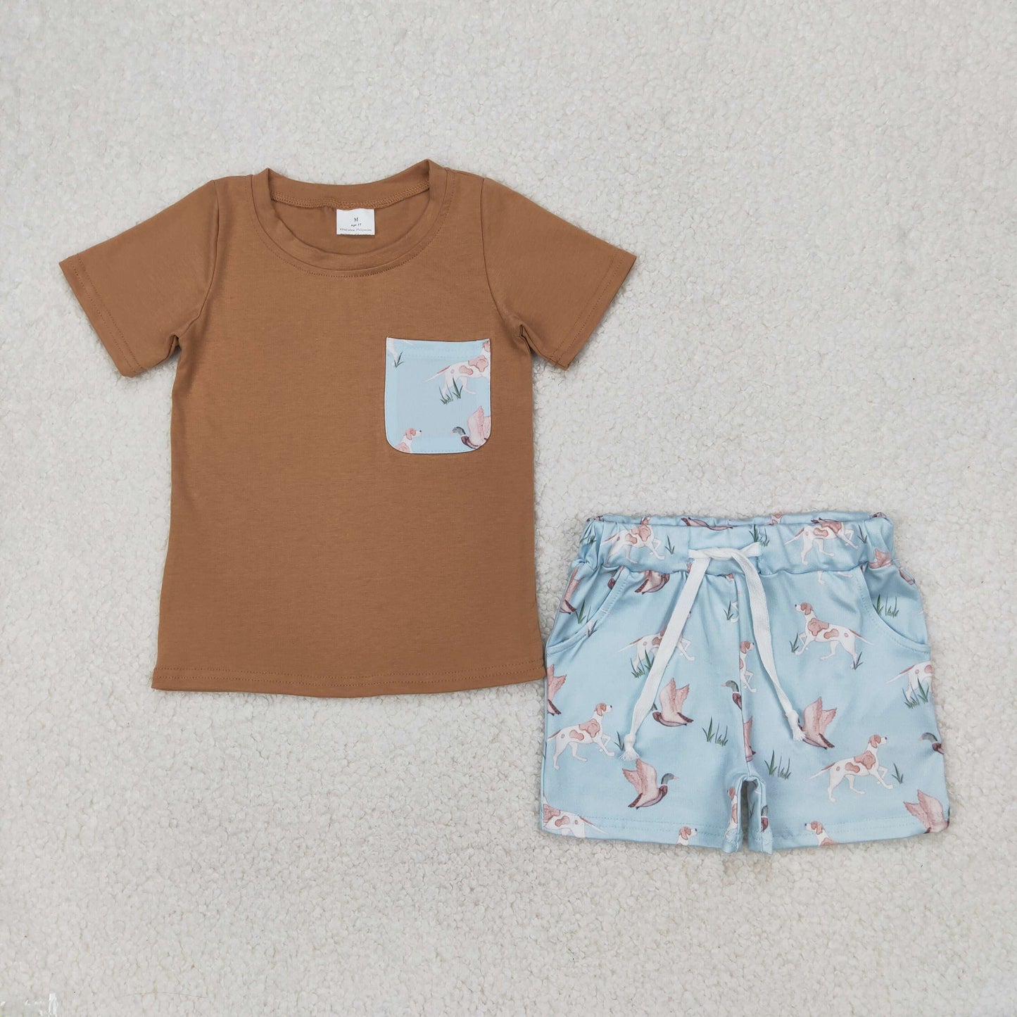 RTS NO MOQ ETA 5/7days Arrived BSSO1420 Duck puppy pocket brown short sleeve blue shorts set