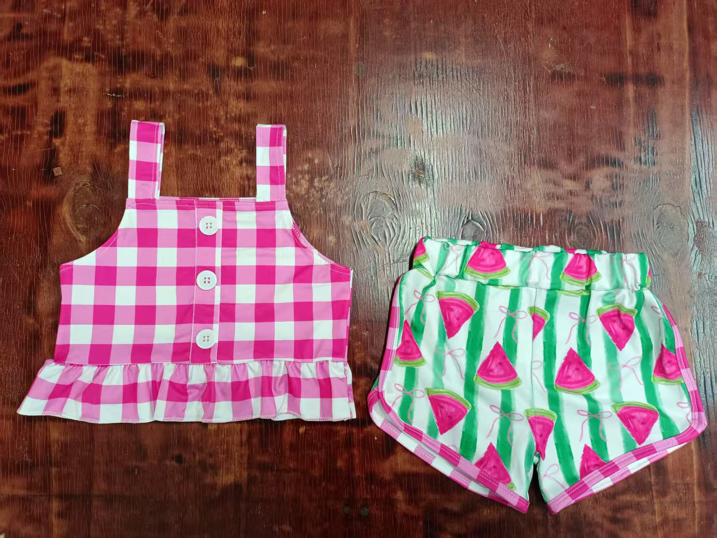Custom moq 3 eta 6-7weeks baby girls clothes watermelon sleeveless shorts sets