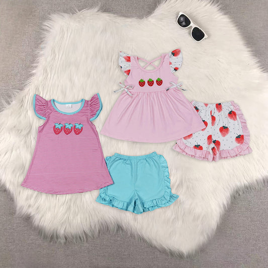 RTS NO MOQ girls clothes Embroidery short-sleeved shorts suit & short-sleeved sets