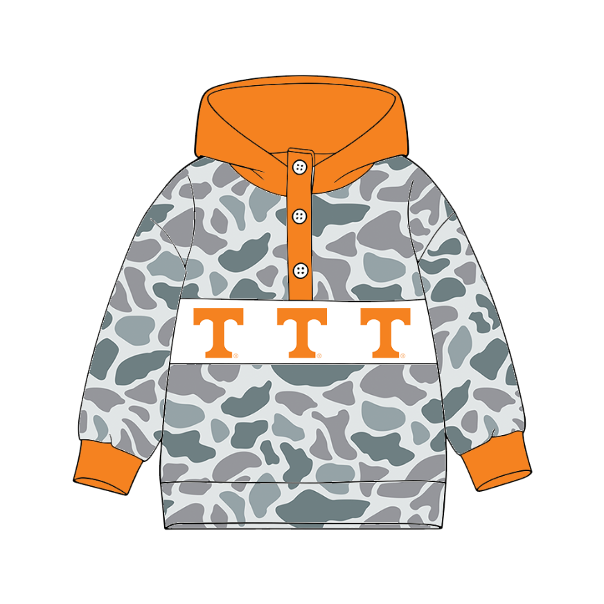 Custom moq 8 mix size milk silk summer team baby boy clothes camouflage orange hooded long sleeve top-25.9.30
