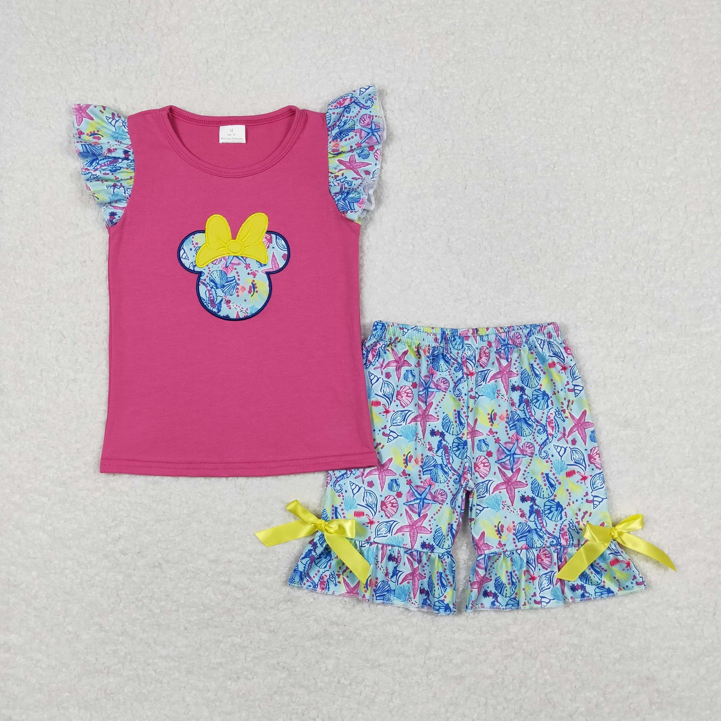 Cute Clothes GSSO0629 Embroidery Bow Rose Red Flying Sleeve Starfish Shorts Set