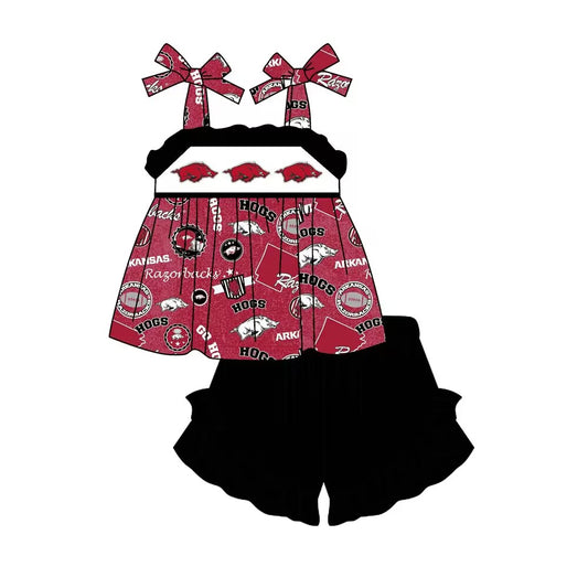 Arkansas Summer Girl brick red suspender top black shorts Set
