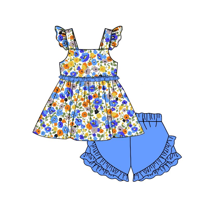 GSSO0494 Floral blue lace flying sleeve shorts suit