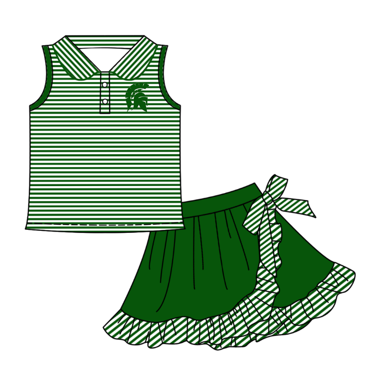 Custom moq 5 each style eta 6-7weeks baby girl clothes team green sleeveless skirts sets and top-25.7.22