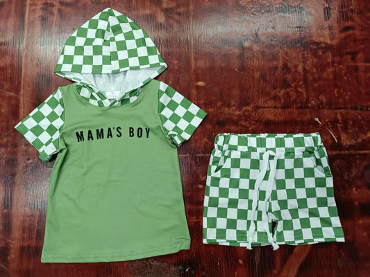 Custom moq 3 eta 6-7weeks baby boy clothes MAMA BOY plaid green hooded short sleeve shorts sets-25.5.8