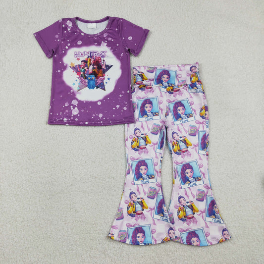 12/18m-14/16t RTS NO MOQ（In Stock) Purple Short-Sleeved Kpop Photo Print Plaid Pajama Set with Bow Pattern