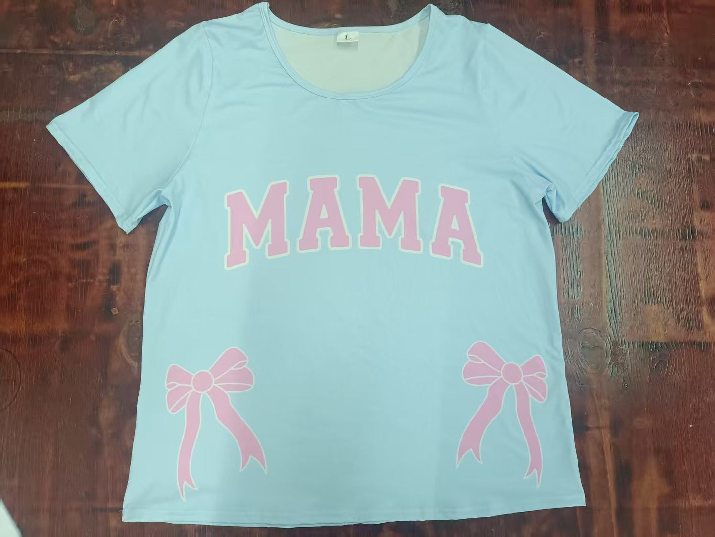 Custom moq 3 eta 6-7weeks Adult mama clothes MAMA bow sky blue short sleeve top