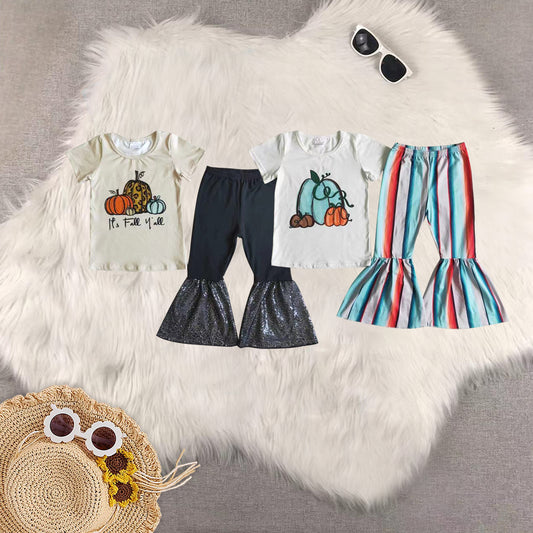 RTS Sibling baby girl clothes halloween pumpkin short Sleeve pants sets